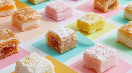Aufkleber - Turkish delight and baklava arranged on vibrant colored paper creating a visually appealing dessert display on a white background
