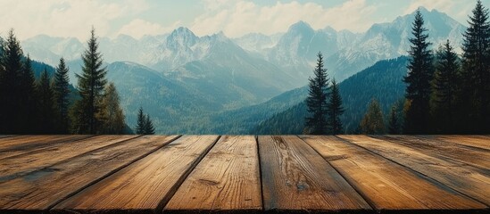 Aufkleber - Scenic mountains and lush green forest backdrop with rustic wooden tabletop in foreground offering blank space for text and creative design elements
