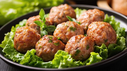 Aufkleber - Turkish Cuisine Delicious Raw Meatballs Served on Fresh Lettuce with Herbs in a Decorative Plate