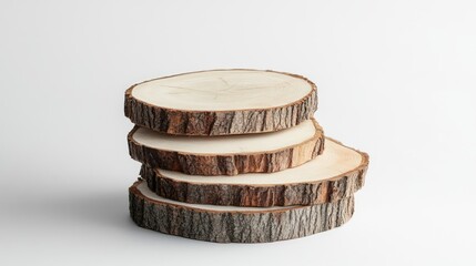 Poster - Timber trunk slices stacked elegantly on soft background showcasing minimalistic natural design and texture ideal for various creative projects
