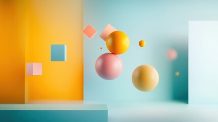 Poster - Playful Three-Dimensional Composition with Colorful Geometric Shapes against a Soft Gradient Background