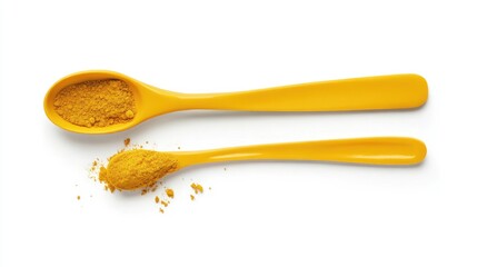 Aufkleber - Turmeric powder and root in yellow teaspoons on a white background showcasing vibrant spice and culinary ingredient for health and cooking