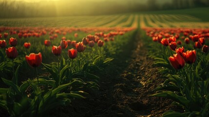 Poster - Vibrant tulip field at sunset with soft lighting and rich green foliage creating a serene and picturesque landscape scene.