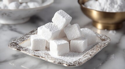 Aufkleber - Turkish Delight Cubes Dusted with Powdered Sugar on Elegant Marble Surface Selective Focus Artful Dessert Presentation