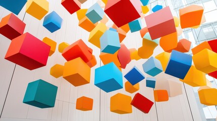 Poster - Vibrant Three-Dimensional Geometric Shapes Floating in Bright Colors for Modern Art Background