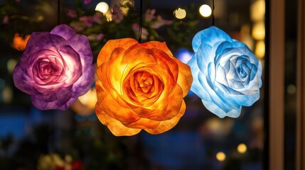Poster - Colorful Floral Paper Lanterns Illuminated at Night Creating a Warm and Inviting Atmosphere in a Cozy Setting