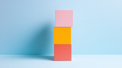 Poster - Colorful Three-Dimensional Blocks Stacked on a Blue Background with Shadows in a Dynamic Arrangement