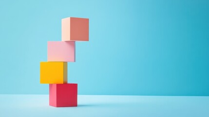 Poster - Colorful Three-Dimensional Blocks Stacked Artistically Against a Bright Blue Background