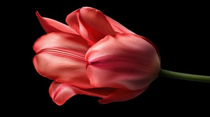 Poster - Elegant close-up of a vibrant red tulip bloom against a black background showcasing its delicate petals and graceful form.