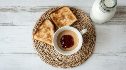 Poster - Coffee cup with jam on toasted bread with milk bottle on wicker plate over white wooden surface in a bright, rustic breakfast setting