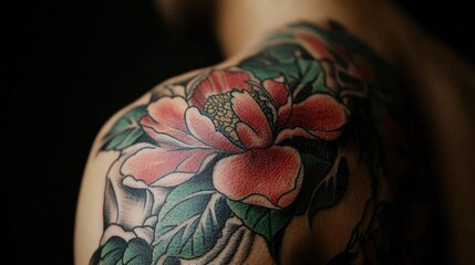 Poster - Vibrant floral tattoo design on a shoulder showcasing intricate details and rich colors against a dark background