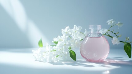 Poster - elegant pink cosmetic bottle with jasmine flowers on a minimalist background featuring soft light an