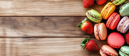Poster - Colorful macarons in pastel shades arranged with fresh strawberries on a rustic wooden table with negative space for creative text placement
