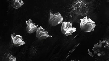 Poster - Monochrome elegance of tulips against a dark background creating a striking contrast in floral artistry and natural beauty.