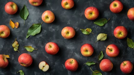 Poster - Vibrant red apples scattered on a dark chalkboard surface with green leaves creating a back-to-school theme and autumn ambiance.