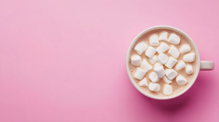 Poster - Cozy Top View of Hot Cocoa with Marshmallows in Cream Cup on Soft Pink Background Ideal for Winter Comfort and Warm Beverage Promotions