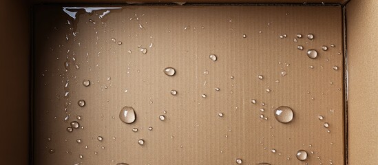 Fototapete - Open cardboard box with water droplets on a brown surface, top view, empty space for text, soft lighting, minimalistic concept design.