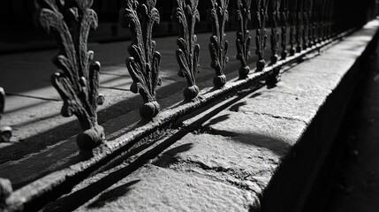 Poster - Shadows Cast by Ornate Fence Railings on Cobblestone Pathway in Monochrome Photography