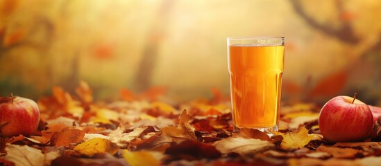 Poster - Glass of apple juice or cider on a blurred autumn background with fallen red apples and yellow leaves in warm tones, horizontal format with empty space for text