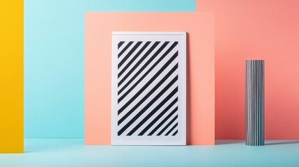 Poster - Dynamic Three-Dimensional Composition with Vibrant Geometric Shapes and Striped Elements