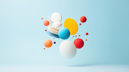 Poster - Playful and Vibrant Three-Dimensional Composition of Colorful Shapes and Objects on Light Blue Background