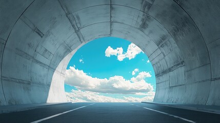 Aufkleber - Tunnel view with clear blue sky and clouds showcasing a serene and expansive landscape from a concrete structure.
