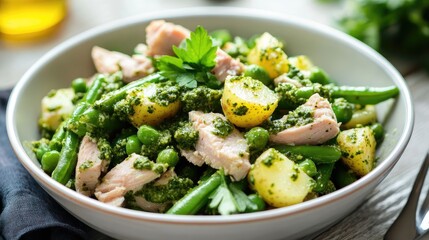 Aufkleber - Healthy tuna salad with green beans potatoes and pesto sauce in a bowl garnished with parsley on a wooden table