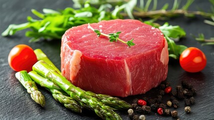 Aufkleber - Raw tuna steak garnished with fresh herbs and accompanied by vibrant asparagus and cherry tomatoes on a textured slate background