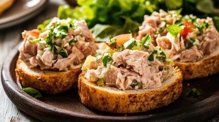Poster - Tuna salad melts served on toasted bread with fresh greens and colorful garnish on a rustic wooden table