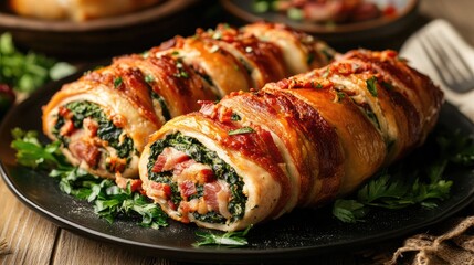 Poster - Turkey roll stuffed with spinach and bacon garnished with fresh herbs on a rustic wooden table