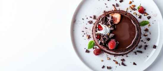 Aufkleber - Decadent chocolate layer cake topped with rich ganache garnished with strawberries and mint on a sleek white plate placed on a bright white background