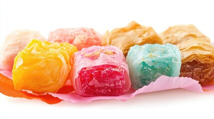 Aufkleber - Turkish delight and baklava assortment on vibrant paper showcasing traditional sweets against a clean white background