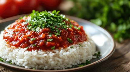 Poster - Turkish rice dish topped with vibrant rose sauce and fresh parsley on a rustic wooden table setting