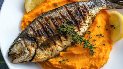 Poster - Grilled fish with golden crispy skin served atop vibrant orange sweet potato puree garnished with fresh thyme and lemon slices on a white plate