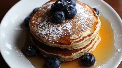 Poster - Delicious short stack of golden pancakes topped with fresh blueberries and syrup, served on a white plate with powdered sugar, rustic wooden background.
