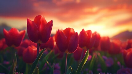 Aufkleber - Vibrant red tulips in a stunning field at sunset showcasing spring beauty and floral diversity in a picturesque landscape.