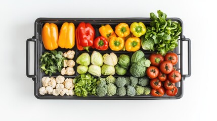 Poster - Top view of a neatly arranged assortment of fresh vegetables including bell peppers, lettuce, tomatoes, and broccoli in a black grocery cart on a white background