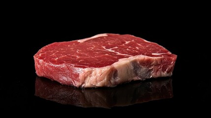 Poster - Raw tuna steak isolated on a reflective black background showcasing its fresh texture and color ideal for culinary presentations.