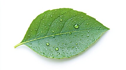 Aufkleber - Fresh Green Leaf with Water Droplets on White Background Symbolizing Purity and Natural Beauty in Vibrant Natural Colors