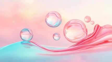 Poster - Playful Three Dimensional Bubbles Floating Above a Soft Gradient Background in Shades of Pink and Blue