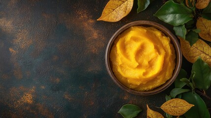 Aufkleber - Aerial view of creamy orange pumpkin puree in rustic wooden bowl on dark textured surface adorned with autumn leaves and greenery, embodying seasonal coziness.