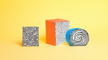 Poster - Dynamic Three-Dimensional Geometric Shapes with Abstract Patterns on Vibrant Yellow Background