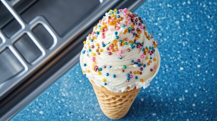 Aufkleber - Decorative ice cream cone with colorful sprinkles on a vibrant blue countertop background showcasing delicious dessert aesthetics