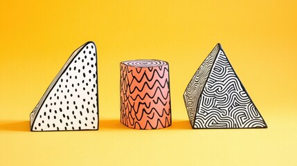 Poster - Dynamic Three-Dimensional Geometric Shapes on Yellow Background with Bold Patterns and Textures