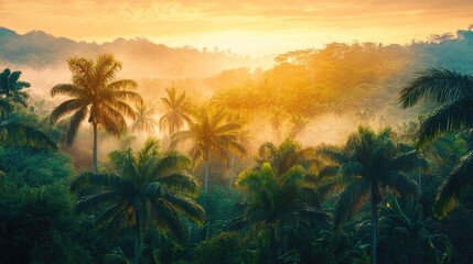 Poster - tropical rainforest at sunrise with mist and lush greenery creating a serene morning atmosphere