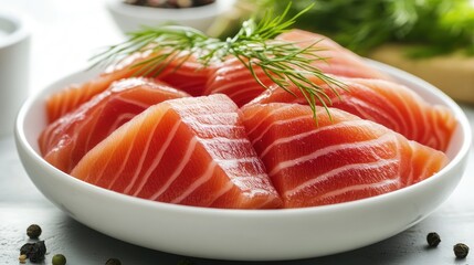 Poster - Freshly sliced tuna steaks garnished with dill in a white dish surrounded by herbs and spices on a rustic kitchen countertop.