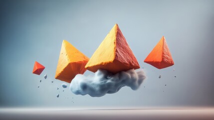 Poster - Playful Three-Dimensional Photography of Colorful Pyramids Floating Above a Soft Cloud-like Base