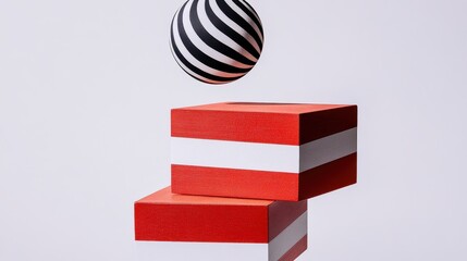 Poster - Colorful Three-Dimensional Blocks with Striped Ball Floating Above Against Minimalist Background