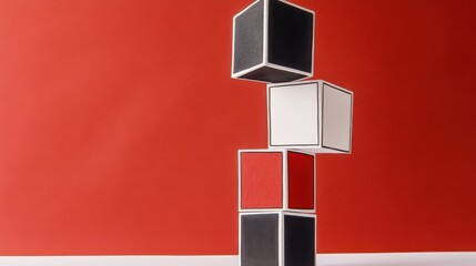 Poster - Colorful Three-Dimensional Blocks Stacked on a Red Background for Creative Design and Art Projects