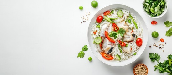 Aufkleber - Bowl of vibrant Asian rice noodles with fish and colorful fresh vegetables on a clean white background with ample space for text and design elements